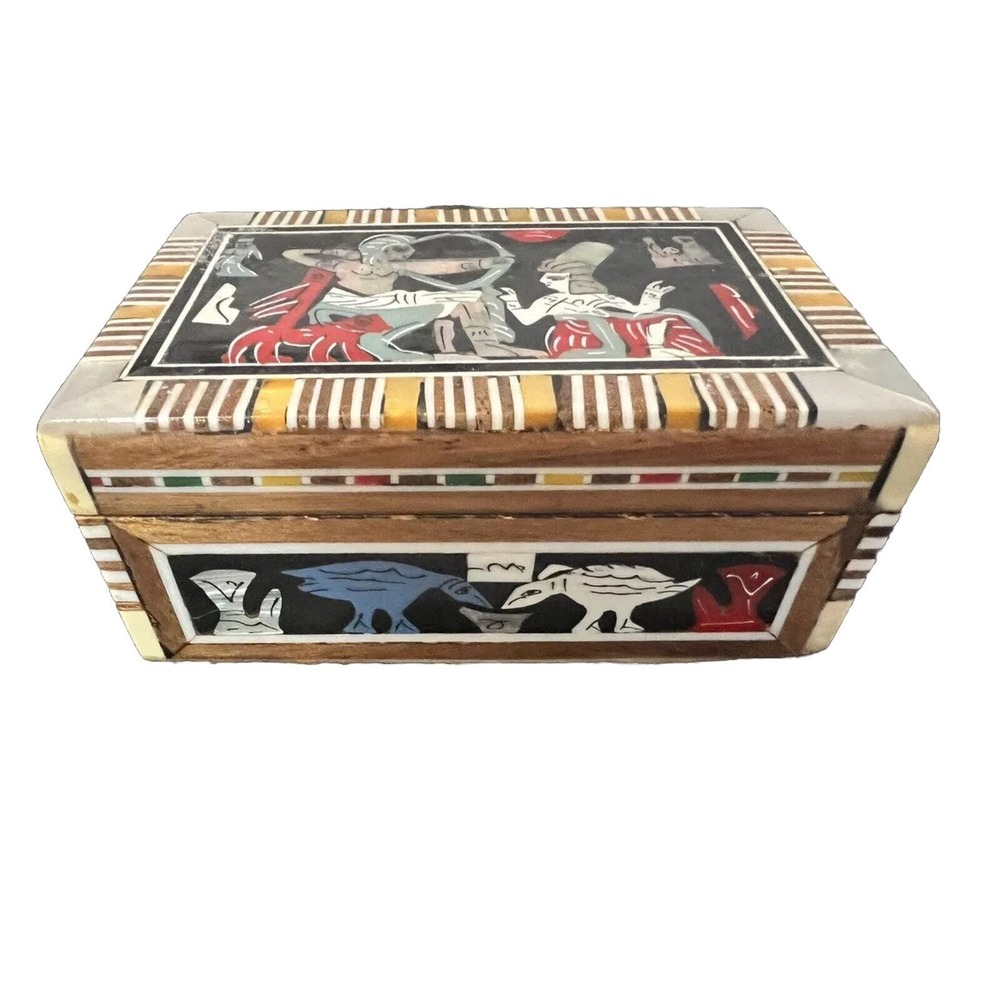 Egyptian Theme VTG Mosaic & Wooden Trinket Box With Red Velvet Like Inlay